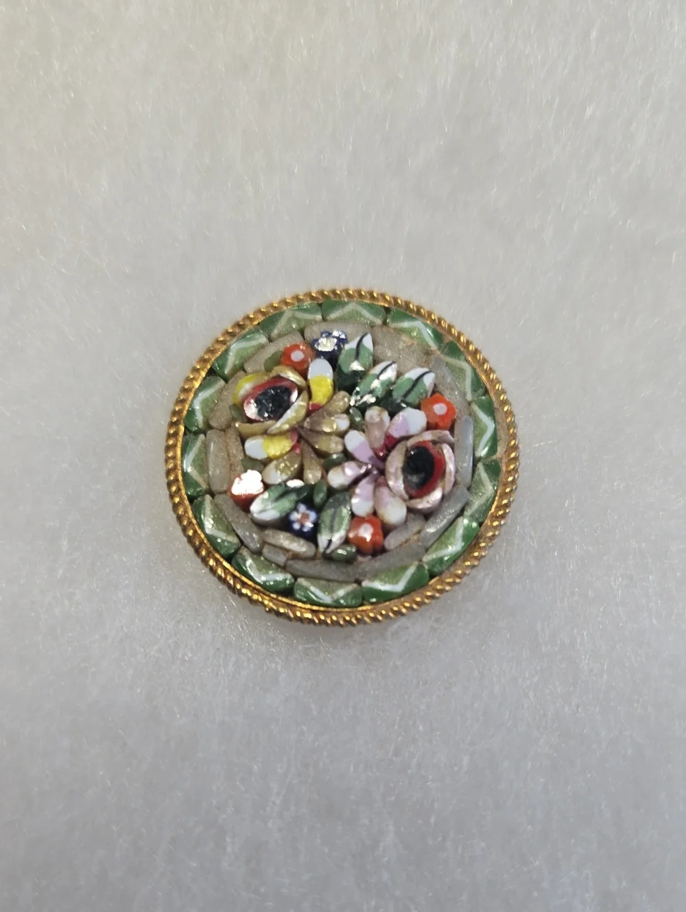 Gold-Tone Micro Mosaic Floral Round Pin in Green and Multicolor